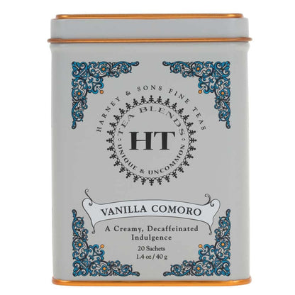 HT Vanilla Comoro Decaf Black Tea, 20 Sachets in Tin | Decaffeinated Black Tea, Creamy Vanilla Flavor, Smooth Finish1