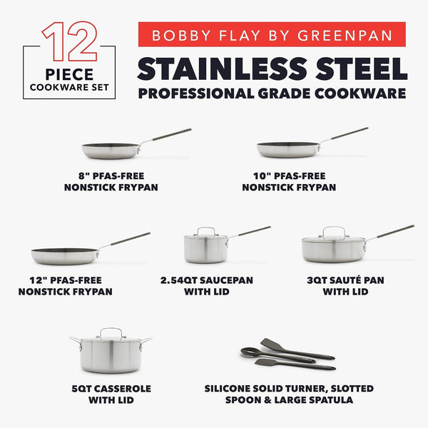 X Bobby Flay Stainless Steel 12 Piece Cookware Pots & Pans Set, Professional Grade Tri-Ply, Multiclad, Pfas-Free Ceramic Nonstick, Induction Suitable, Dishwasher & Oven Safe,Stay Cool Handles4