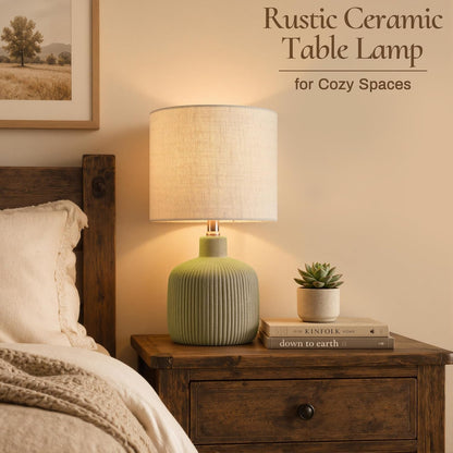 Ceramic Table Lamp, Oliver Green, 17.75" | Beige Linen Shade, Warm Ambient Lighting, Bedside Nightstand, Natural2