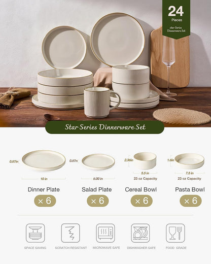Star Stoneware Dinnerware Sets with Pasta Bowls, 24Pc Dishes for 63