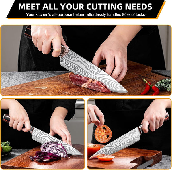 Chef Knife Professional Japanese AUS-10 Steel Core Kitchen Knife with Damascus Pattern, Razor Sharp 8 Inch Chefs Knife with Full-Tang Ergonomic Handle - Ideal for Home Cooks & Professional Chefs6