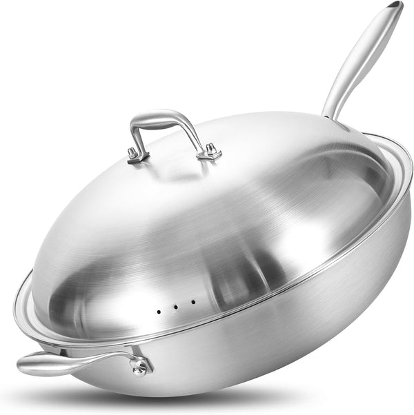 14.5 Inch Stir-Frying Wok Pan with Steel Lid | Tri-Ply Stainless Steel | Induction Cooking Wok Pan | Dishwasher and Oven Safe | Heavy Duty | Detachable Handle1