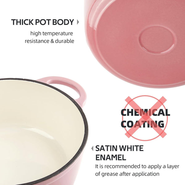 6 Quart Dutch Oven Enameled Cast Iron with Lid - Big Dual Handles - Oven Safe up to 500°F - Classic round Pot for Versatile Cooking Pink8