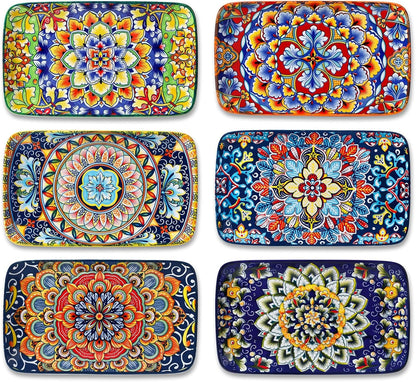Simi 6-Piece Rectangular Ceramic Plates Set, 8.5" X 5.1" Small Dessert & Sushi Plates, Bohemian Appetizer Serving Plates, Microwave & Oven Safe Porcelain Plates1