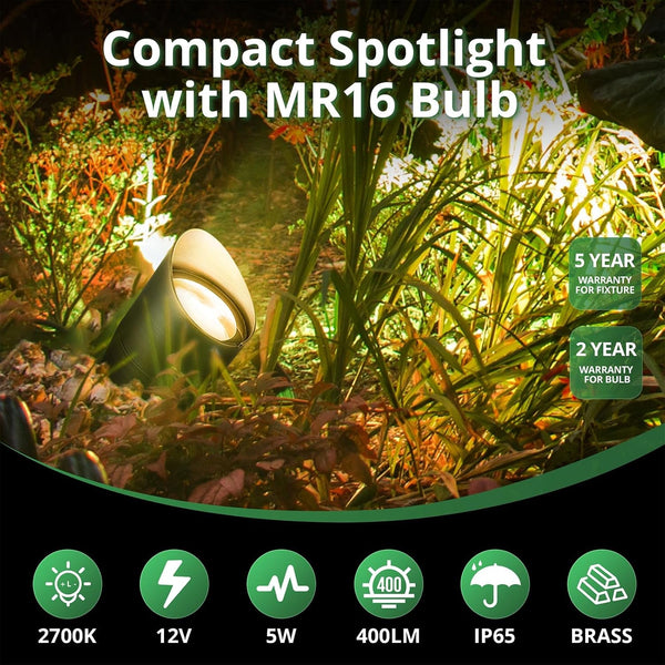 Solid Brass Low Voltage Compact Spotlight, 12V AC/DC Waterproof Outdoor Landscape Spot Lights for House Trees Garden Yard Lawn, up Light with 5W 2700K MR16 Bulb, Stake Included2