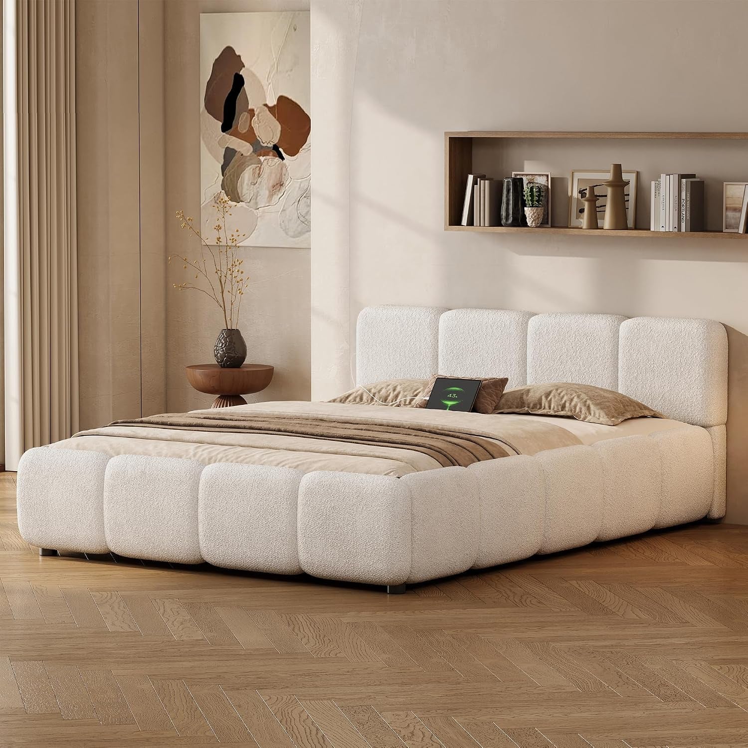 full-size-cloud-boucle-upholstered-platform-bed-frame-w-usb-ports