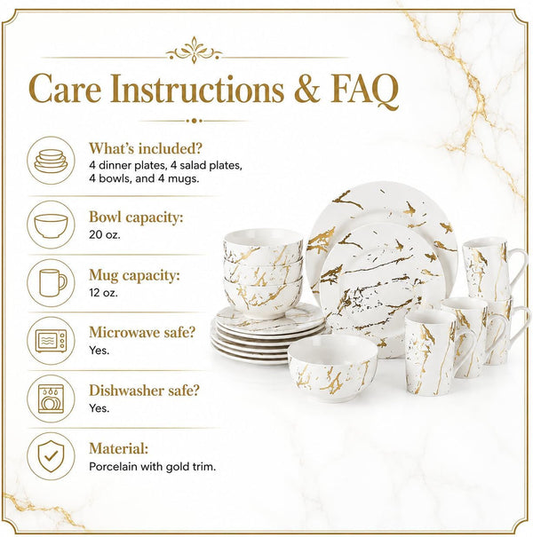 White Dinnerware Set for 4, 16-Piece Porcelain, Gold Marble7