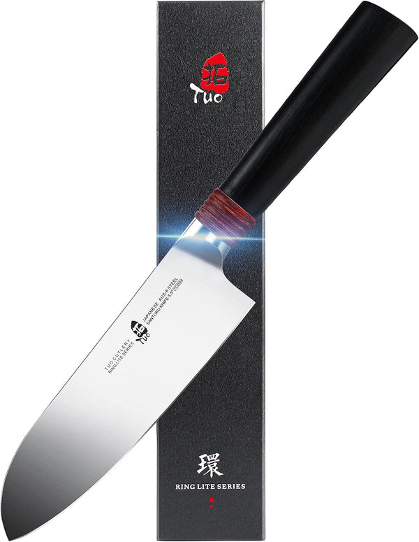 Santoku Knife 5.5 Inch Small Kitchen Knife Pro Asian Chef Knife Cooking Knife for Vegetable Fruit and Meat, AUS-8 Stainless Steel with Comfortable Handle, Gift Box Ring Lite Series1