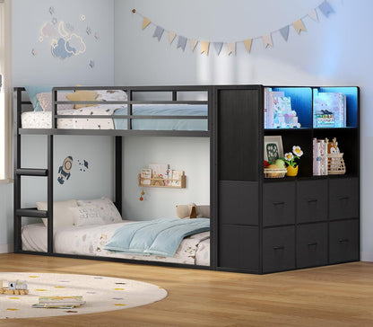 Low Twin over Twin Bunk Bed with 6 Storage Drawers, LED Lights1