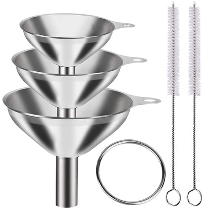 Metal Stainless Steel Funnel, Large Medium Small Funnel Set of 3, Food Grade Mini Funnels for Kitchen Use Filling Bottles Flask Cooking, 2 Brushes1
