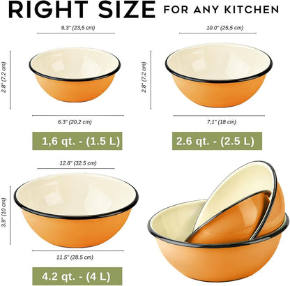 Enamel Bowl Set of 3 Pcs Enamel Serving Bowls, Enameled Steel Mixing Bowls for Cooking Prepping, Kitchen Fruit Salad Bowl, Dishwasher Safe (Mustard)6