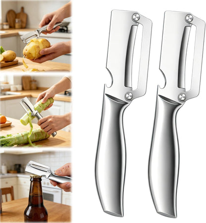 2Pc Multi-Functional Vegetable Peeler for Kitchen,2026 New Stainless Steel Peeler with Wooden Handle and Bottle Opener,2 in 1 Stainless Steel Kitchen Tool for Fruit Apple Potato Pumpkin Slicer(Sliver)1