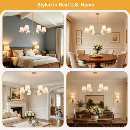 Brass Gold Chandeliers for Dining Room, 36" 6 Light No Assembly Required Antique Modern Gold Chandelier Light Fixture with White Fabric Shade, Classic Kitchen Pendant Lights over Table for Bedroom4
