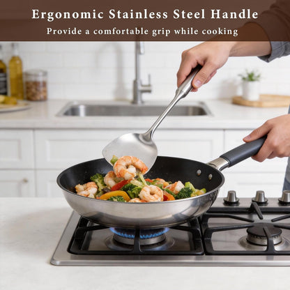 4-Piece Cooking Utensils Set, Stainless Steel Kitchen Utensils, Metal Kitchen Tools Include Solid & Slotted Turner Wok Spatula, Serving Spoon, Ergonomic Handle, Easy to Clean3