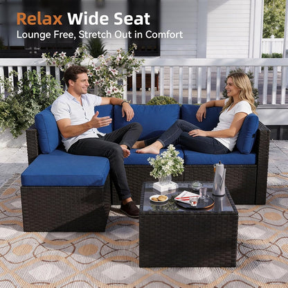 Patio Furniture Set 5-Piece, Outdoor Sectional Sofas with Washable Cushion, Wicker Rattan Patio Conversation Sets for Backyard Porch and Poolside, Navy3
