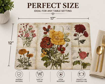 Vinyl Rectangular Placemats Set of 4 - Non Slip Place Mats Ideal for Indoor and Outdoor Dining Table - Washable and Heat Resistant Fall Placemats for Kitchen Tables (Flowers)6