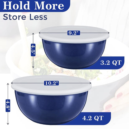 Enamel Mixing Bowl Set with Lids, 2-Piece Unbreakable Enamelware Bowls (3.2 & 4.2 QT) Large Vintage Serving Bowl for Kitchen, Food Storage, Salad, Baking & Fermenting2