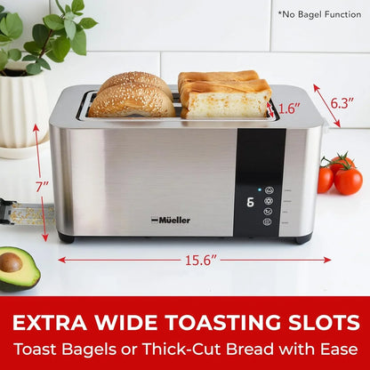 Mueller Ultratoast Stainless Steel Toaster 4 Slice – Extra-Wide 1.6" Slots | for Artisan Bread, Bagels & Frozen Waffles, 6 Browning Levels, LED Display, Cancel/Defrost/Reheat, Removable Crumb Tray2