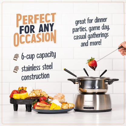 FPS200 6-Cup Stainless Steel Electric Fondue Pot with Temperature Control, 6 Color-Coded Forks and Removable Pot - Perfect for Chocolate, Caramel, Cheese, Sauces and More3