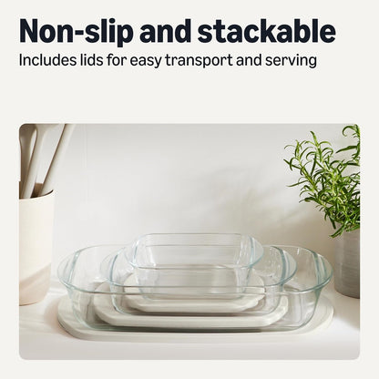 Glass Baking Dishes with Bpa-Free Lids, 6-Piece Bakeware Set, Borosilicate Glass, Oven-Safe up to 752°F, Non-Slip and Stackable, Dishwasher-Safe, Linen Gray6