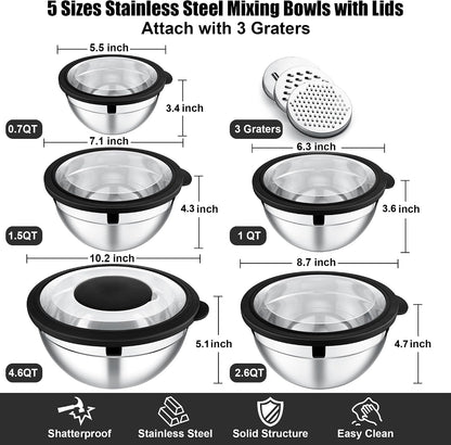 Mixing Bowls, Stainless Steel Salad Mixing Bowl with Lid & Grater Set5