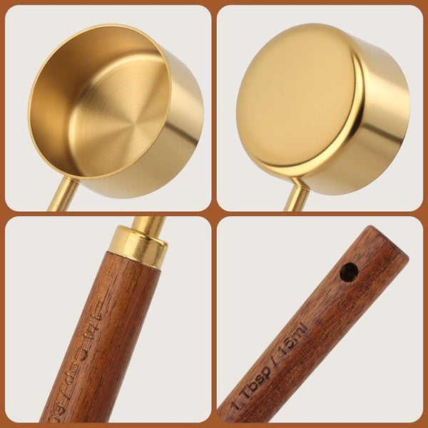 Gold Measuring Cups and Spoons Set Stainless Steel Wood Handle US Metric4