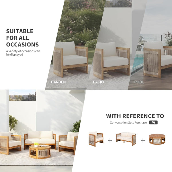 Nesbit 4 Pieces Conversation Set, Acacia Wood Chat Set, Woven Rope Loveseat and Accent Chairs, Slat Panel Coffee Table, Patio Furniture Set for Backyard Balcony Garden, Beige5