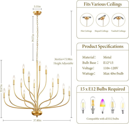 Brass Gold Chandelier, 15-Light Vintage Large Candle Style Chandelier Lighting, 37.4" Modern Farmhouse Dining Room Chandelier Light Fixture for Living Room Foyer Entryway High Ceiling Staircase5