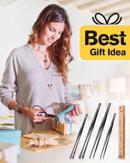 4 Pcs Fine Long Tweezer Tongs Professional Black, 12'' and 10'' Stainless Steel for Kitchen, Food, Cooking, Repairing, Sea Food and BBQ7