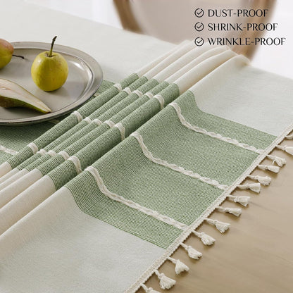 Outdoor Linen Tablecloth Square, Waterproof Cotton Boho Farmhouse Table Cloths with Tassel, Heavy Weight Wrinkle Free Table Cover for Picnic Camping Dining - 55 X 55 Inch, Sage Lines5