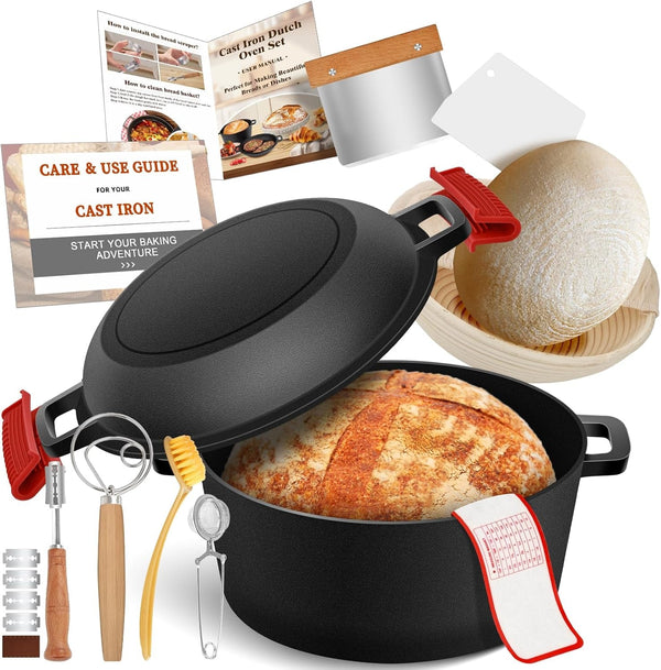 Cast Iron Dutch Oven for Bread Baking, 2-In-1 Pre-Seasoned Dutch Oven Pot | Banneton Bread Proofing Basket Sourdough Bread Baking Supplies, Dutch Oven Pot with Skillet Lid Cooking Pan Handles Lame, 5QT1
