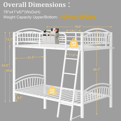 Metal Bunk Bed Twin over Twin, Heavy Duty Industrial Bunkbeds for Adult&Teen with Bedside Caddy, EVA Anti-Slip Convertible Ladder&Flat Rungs, Space Saving Bunkbeds Frame for Bedroom Dorm(White)2