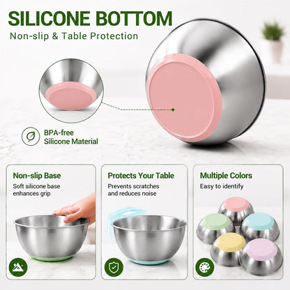 Stainless Steel Mixing Bowls Set with Non-Slip Base, Set of 54