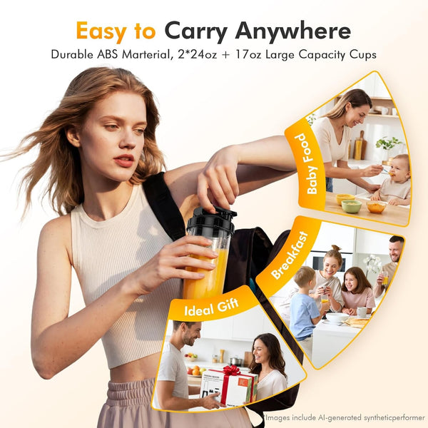 1000W Smoothie Blender, 15-In-1 Single Serve Set, Press-Twist Design | Personal Blender & Kitchen Countertop Smoothie Maker with 2X24Oz+17Oz Cup, Detachable 4-Blade, Frozen Drinks, Protein Shakes7