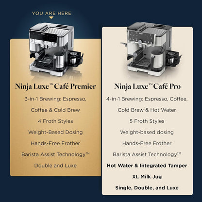 Ninja Luxe Café Premier 3-In-1 Espresso Machine, Drip Coffee, & Cold Brew | Built-In Grinder, Hands-Free Milk Frother, and Assisted Tamper for Cappuccinos & Lattes, Stainless Steel, ES6017