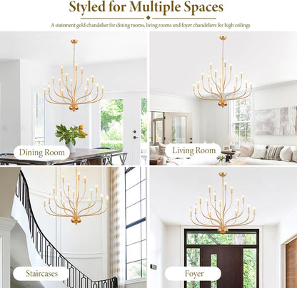 Brass Gold Chandelier, 15-Light Vintage Large Candle Style Chandelier Lighting, 37.4" Modern Farmhouse Dining Room Chandelier Light Fixture for Living Room Foyer Entryway High Ceiling Staircase3