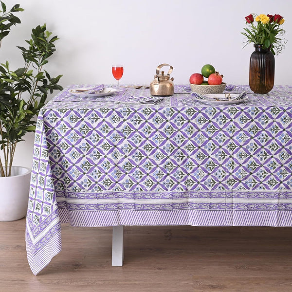 Hand Block Printed Tablecloth, Colorful Floral Print, Indian Artisan Handmade Art, Dining Room, Kitchen, Outdoor Party Decor, 100% Cotton, (Royal Purple Flora, 8 Seater 72 X 108 Inches Rectangle)1