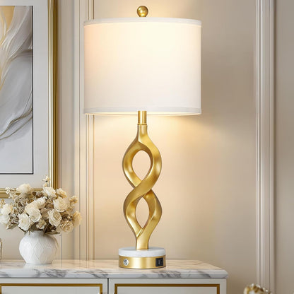 30" White and Gold Table Lamp for Living Room, Modern Touch Control Bedside Lamp for Bedroom, 3-Way Dimmable Sculptural Resin Nightstand Lamp with USB A+C Ports and 1 LED Bulb (1 Pack)1