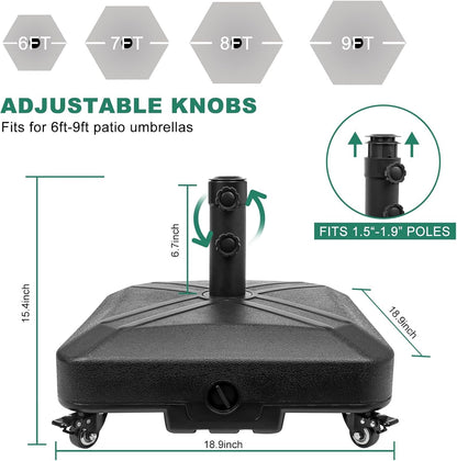 Patio Umbrella Base Heavy Duty with Wheels Square Market Stand for Outdoor 4 Locks 2 Knobs 125Lb Capacity, Black2