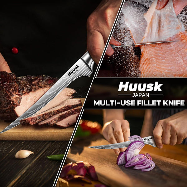 Filet Knife for Fish - 7 Inch Fish Fillet Knife Bundle with a Japanese Cooking Black Butcher Knife,Flexible Boning Knives for Meat Cutting, Professional Japanese Fishing Knives for Meat Poultry5