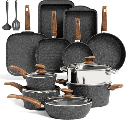 Induction Cookware Set Non Stick, 17Pcs Granite Pots & Pans | Nonstick Cooking Frying Pans for Induction Gas Electric Stove, Non-Toxic PFOA & PFOS Free, Black1
