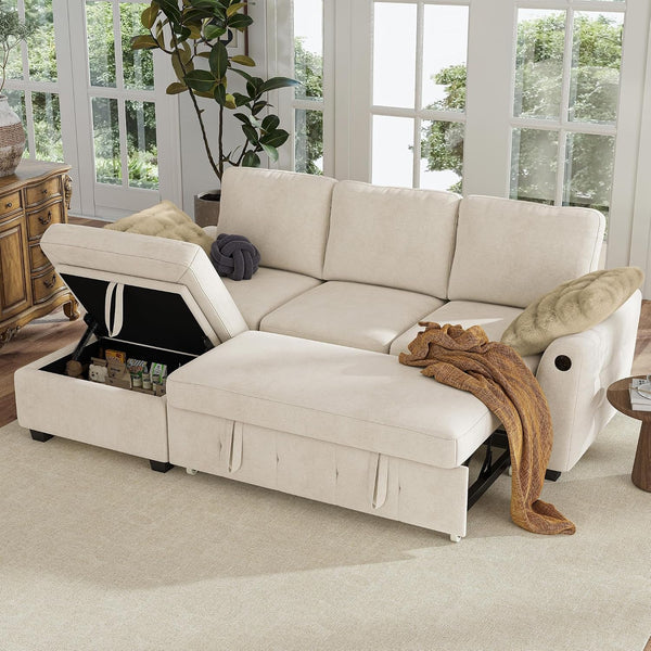 81" Sectional Couch with Pull Out Sofa Bed,Chenille Sleeper Sofa with Storage Ottoman & USB Charging,Comfy L Shaped Modular Couches for Living Room,Apartment8