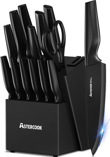 15 Pieces Kitchen Knife Block Set with Sharpener, Black1