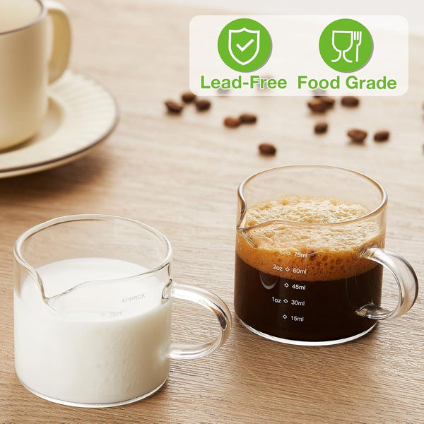 2 Pack Measuring Cups, 75ML Espresso Cups with Handle, Espresso Shot Glasses with V-Shaped Mouth, Clear Accessories, Milk Frothing Pitcher5