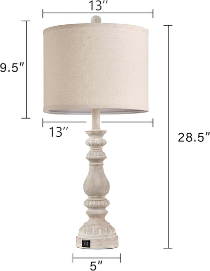 28.5" Tall Farmhouse Table Lamps Set of 2 for Living Room Rustic Bedside Lamps with USB C+A Traditional Lamp for Bedroom Nightstand Office Hallway, Washed White, Rotary Switch, Bulb Not Included8