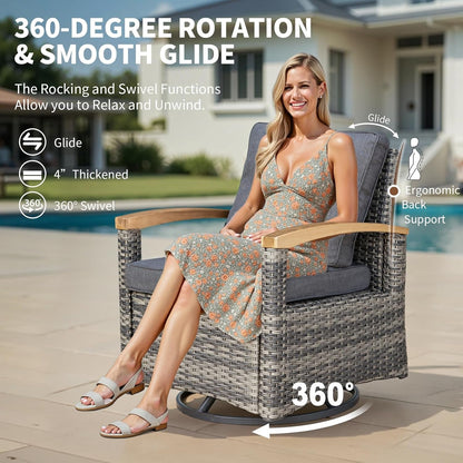8 Pieces Patio Furniture Sets,Wicker Patio Conversation Sets with 4 Wood Armrests Swivel Glide Chairs, 2 Ottoman, 3-Seat Sofa and Coffee Table (Grey)3
