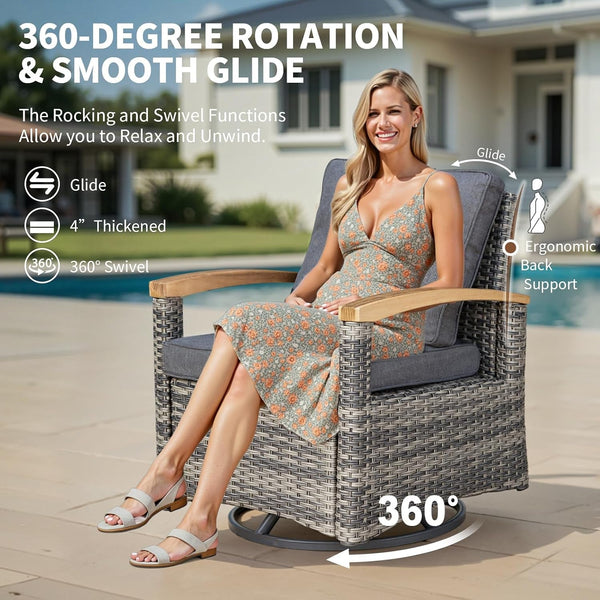 8 Pieces Patio Furniture Sets,Wicker Patio Conversation Sets with 4 Wood Armrests Swivel Glide Chairs, 2 Ottoman, 3-Seat Sofa and Coffee Table (Grey)3