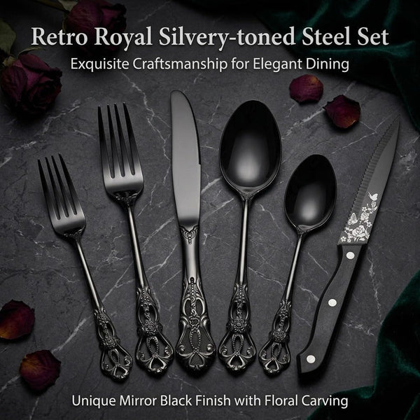 Black Silverware Set for 8,  48 PCS Retro Royal Silverware Flatware Set with Black Spoons Forks Knives Set, Mirror Polished Stainless Steel Vintage Utensils Set, Dishwasher Safe3