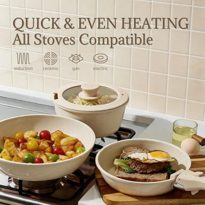 Ceramic Cookware Set Non Stick 8Pcs Pots and Pans Set Detachable Handle Induction Kitchen Cooking Set with Frying Pans Oven Dishwasher Safe, PFAS/PFOA Free, Cream White5
