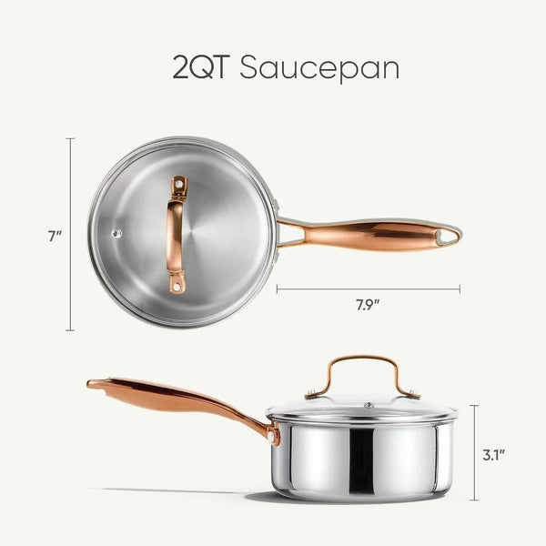 2Qt Stainless Steel Saucepan Set, Non-Toxic 3-Ply Stainless Steel Cookware Set with Lids, Small Kitchen Pots, Oven Safe, Compatible with Induction, Ceramic, Gas, Mothers Day Gifts3